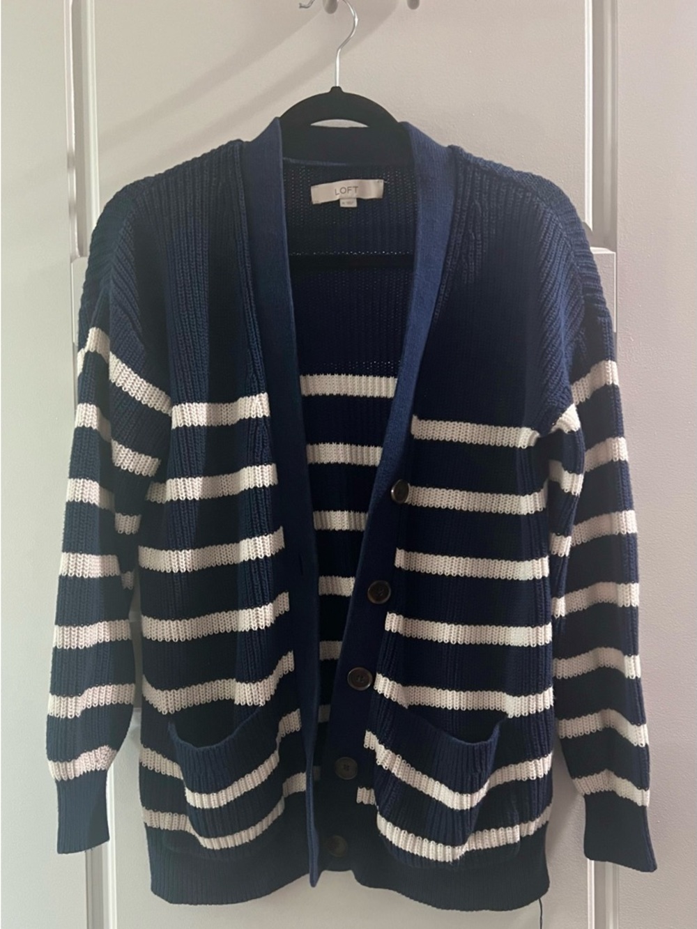 LOFT Navy Open Knit Button Cardigan 100% Cotton